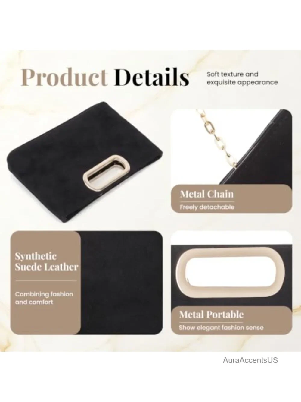 Faux Suede Evening Clutch Purse with Detachable Chain for Wedding Formal